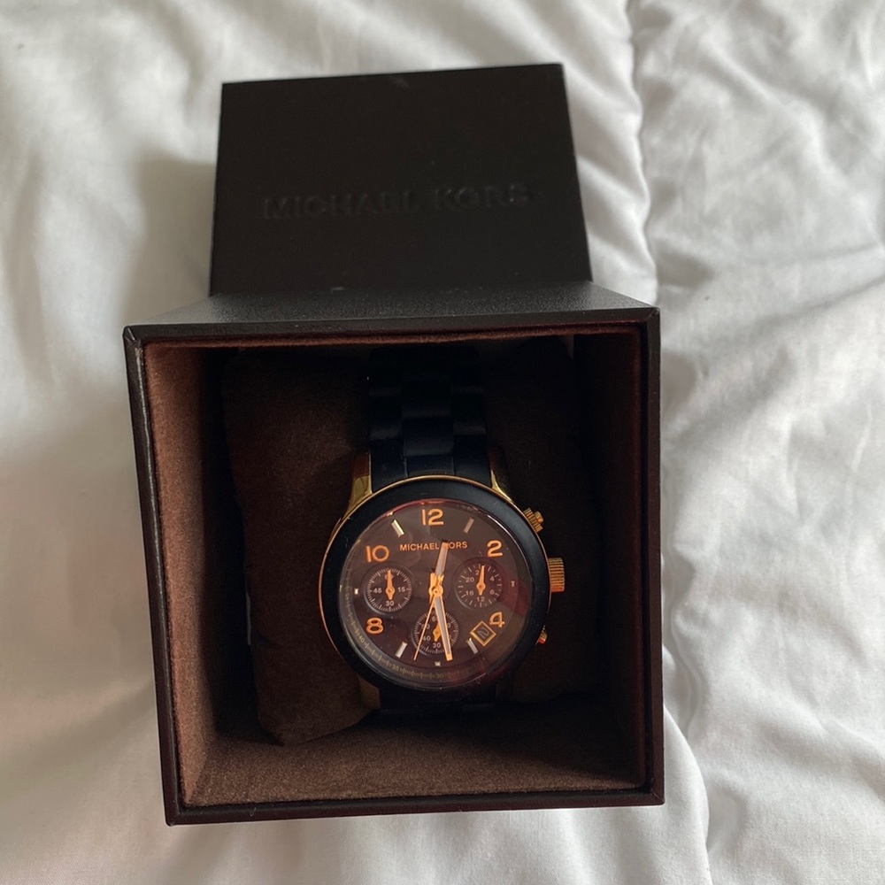 Michael Kors Womens Runway Quartz Chronograph Gold/Black Silicone Watch 38mm